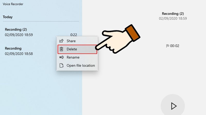 Để xoá đoạn ghi âm, bạn chọn chuột phải > Delete